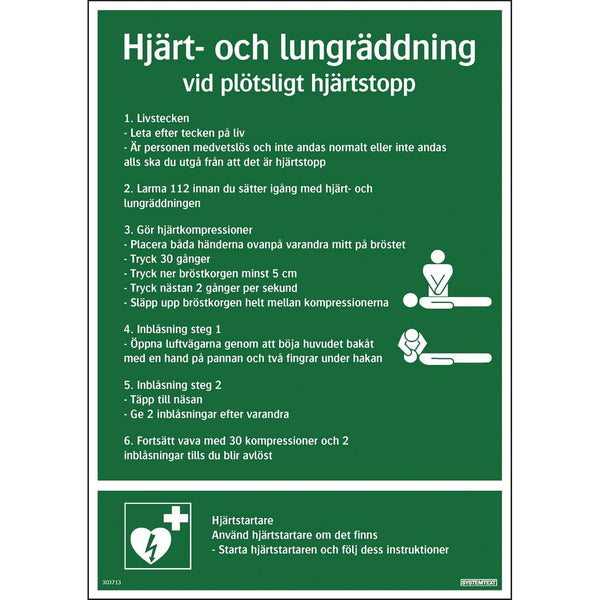 Plastskylt hjärt- och lungräddning instruktion Systemtext