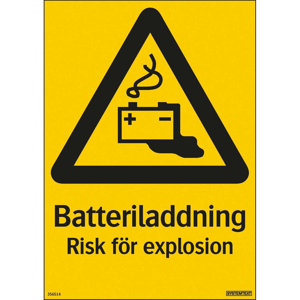 Plastskylt batteriladdning risk för explosion Systemtext