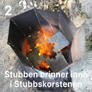 En stubbe som eldas upp i en stubbskorsten